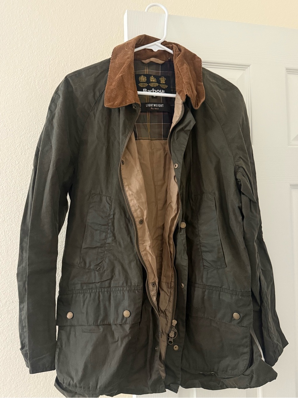 Barbour Olive Green Lightweight Jacket with Brown Cord Collar